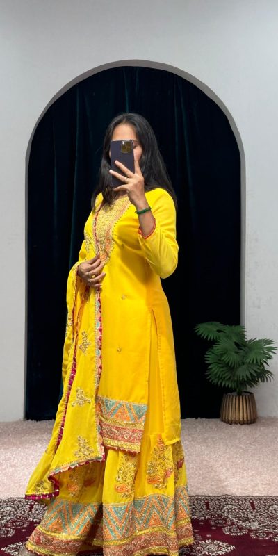 Nice Yellow Color Georgette Embroidery Stone & Mirror Salwar Suit