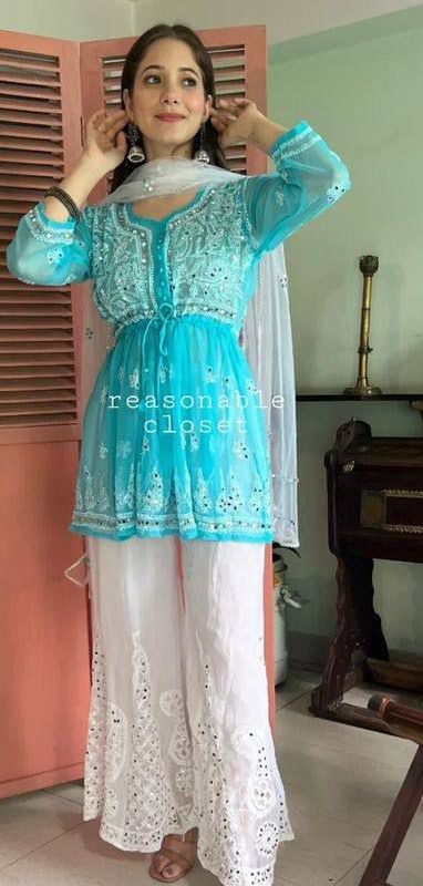 Peaceful Blue Color Georgette Embroidery Mirror Salwar Suit