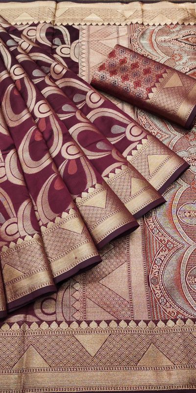 Peaceful Maroon Color Soft Lichi Silk Beautiful Cooper Zari Saree