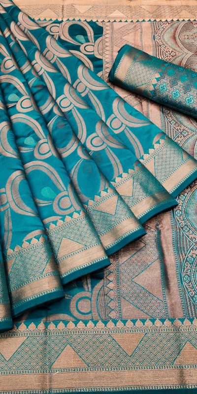 Peaceful Sky Blue Color Soft Lichi Silk Beautiful Cooper Zari Saree