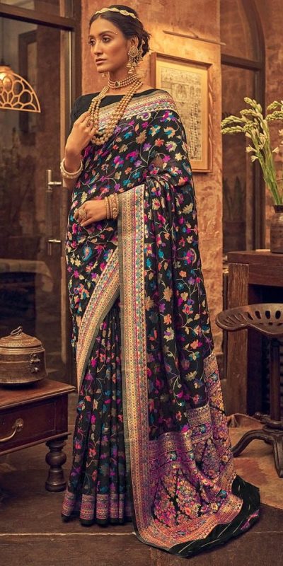 Perfect Black Color Kashmiri Running Thread Zari Work Saree
