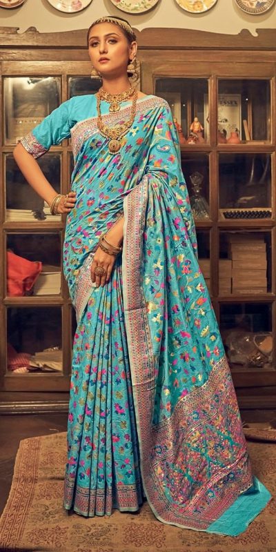 Perfect Blue Color Kashmiri Running Thread Zari Work Saree