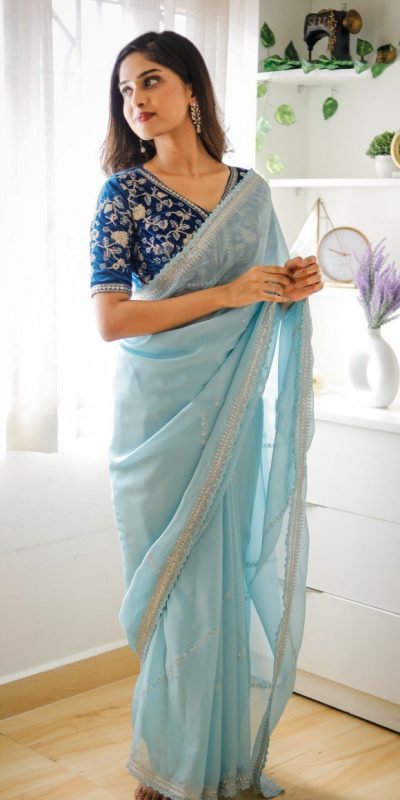 Perfect Blue Color Pure Soft Organza Zari Sequence Work Saree