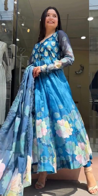 Perfect Blue Color Tabby Silk Embroidery Digital Print Salwar Suit