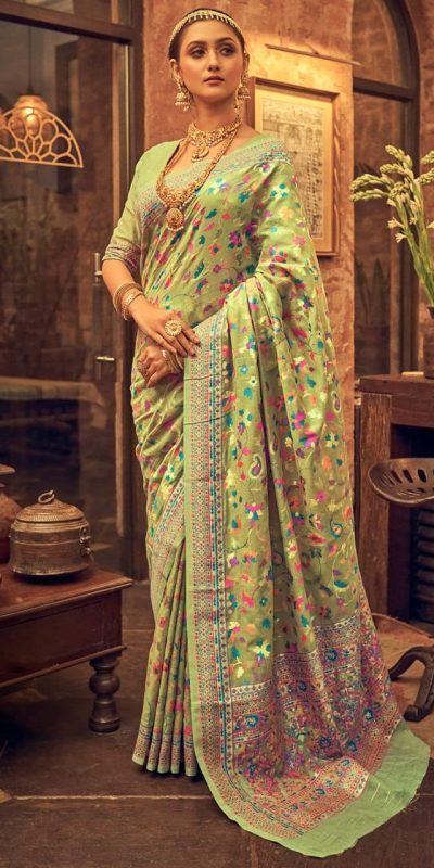 Perfect Green Color Kashmiri Running Thread Zari Work Saree