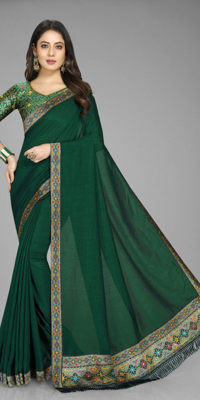 Perfect Green Color Vichitra Silk  Rich Pallu Jacquard Border Saree