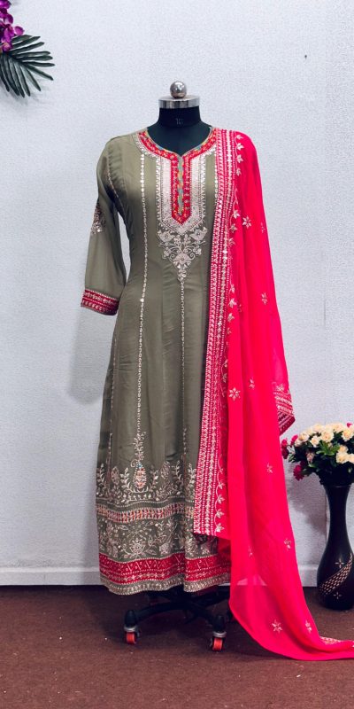 Perfect Grey Color Georgette Embroidered Sequence Salwar Suit