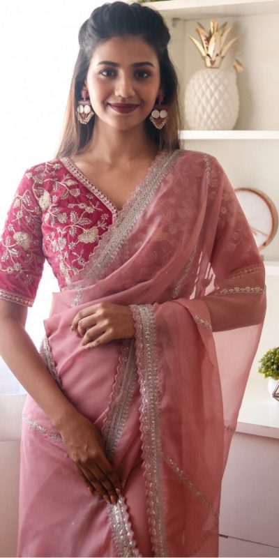 Perfect Peach Color Pure Soft Organza Zari Sequence Saree