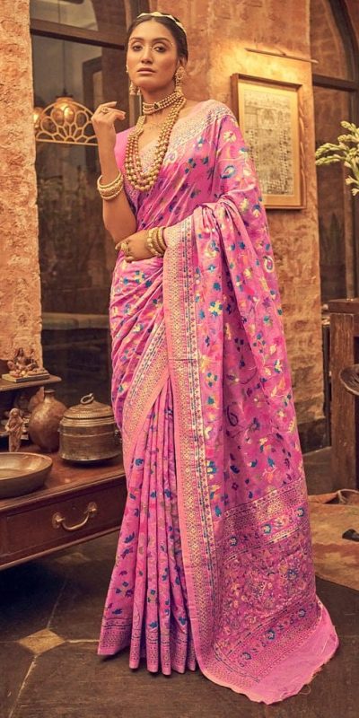 Perfect Pink Color Kashmiri Running Thread Zari Work Saree