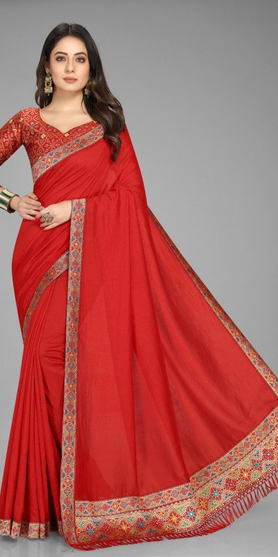 Perfect Red Color Vichitra Silk  Rich Pallu Jacquard Border Saree