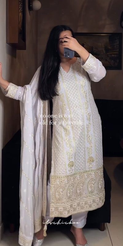 Perfect White Color Georgette Sequence Embroidery Salwar Suit