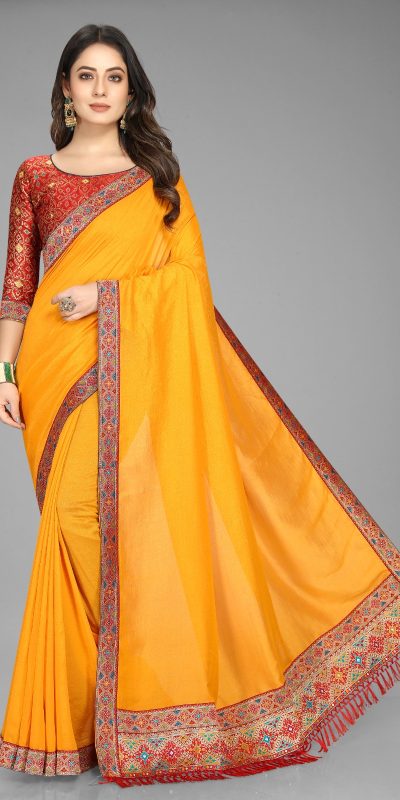 Perfect Yellow Color Vichitra Silk  Rich Pallu Jacquard Border Saree