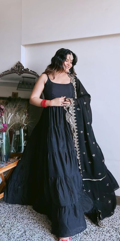 Pretty Black Color Chinon Embroidery Sequence Anarkali Suit