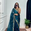 Pretty Blue Color Burberry With Blooming Embroidery Saree