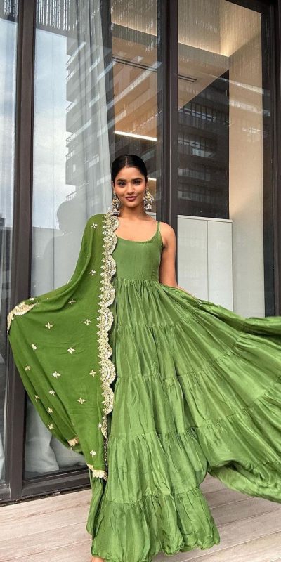 Pretty Green Color Chinon Embroidery Sequence Anarkali Suit