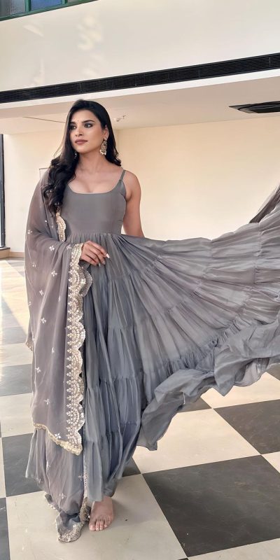 Pretty Grey Color Chinon Embroidery Sequence Anarkali Suit