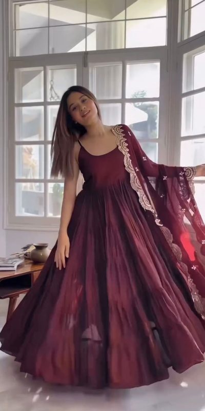Pretty Maroon Color Chinon Embroidery Sequence Anarkali Suit