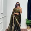 Pretty Mehndi Color Burberry With Blooming Embroidery Saree
