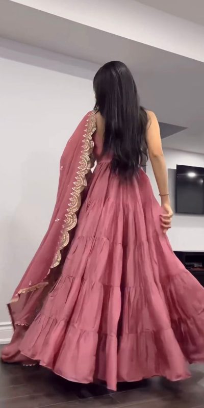 Pretty Peach Color Chinon Embroidery Sequence Anarkali Suit