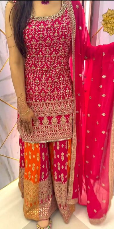 Pretty Pink Color Georgette Embroidery Sequence Sharara Suit