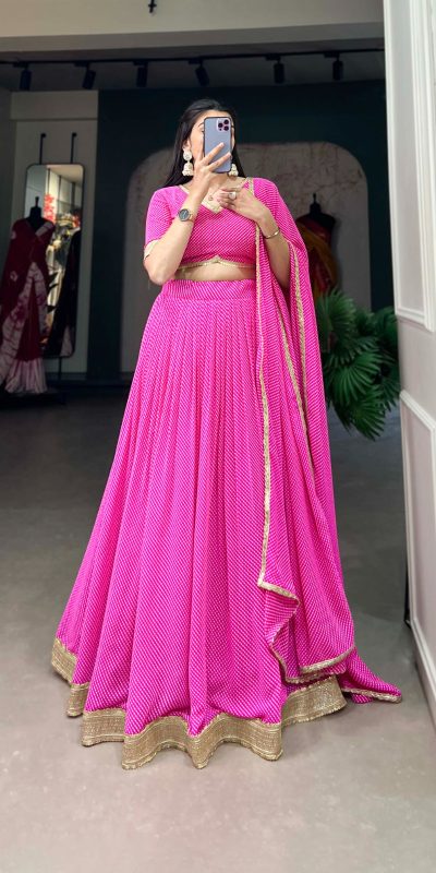 Pretty Pink Color Georgette Print With Lace Border Lehenga Choli