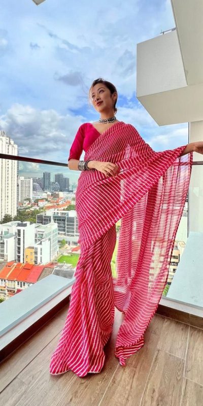 Pretty Pink Color Georgette Crochet Laheriya Printed Work Saree