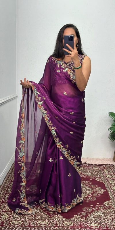 Pretty Purple Color Burberry With Blooming Embroidery Saree