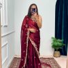 Pretty Red Color Burberry With Blooming Embroidery Saree