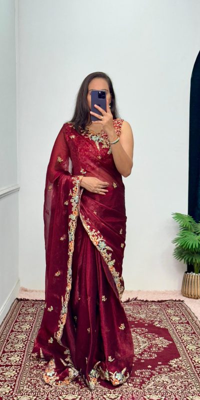 Pretty Red Color Burberry With Blooming Embroidery Saree