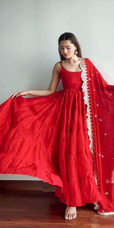 Pretty Red Color Chinon Embroidery Sequence Anarkali Suit