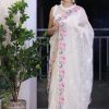 Pretty White Color Georgette Cotton Thread Embroidery Saree