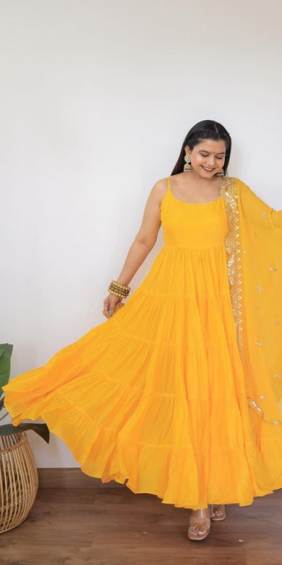 Pretty Yellow Color Chinon Embroidery Sequence Anarkali Suit