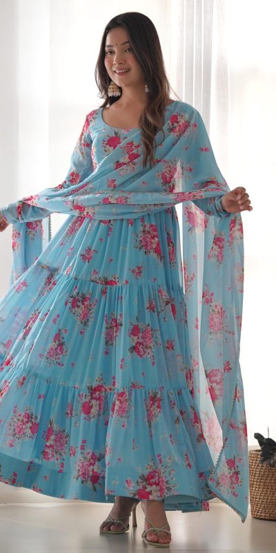 Sightly Blue Color Soft Faux Georgette Floral Printed Anarkali Suit