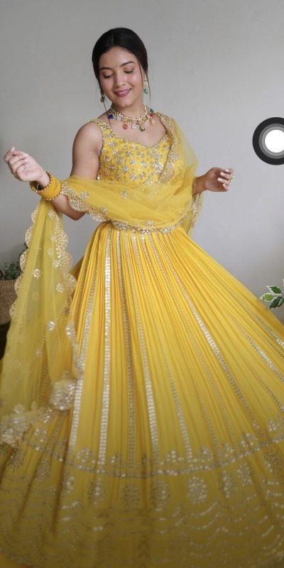 Sightly Yellow Color Georgette Embroidery Sequence Lehenga Choli