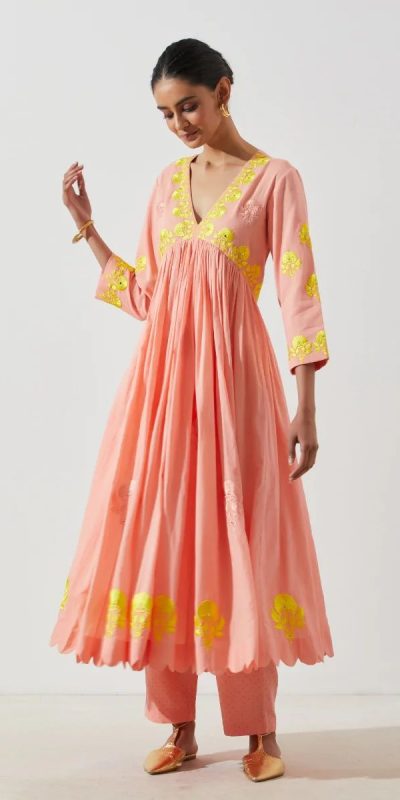 Special Peach Maslin Cotton Thread Embroidery Anarkali Suit