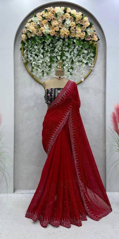 Special Red Color Heavy Faux Georgette Hot Fix Work Saree