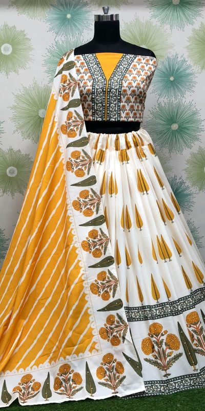 Special White Color Silk Embroidery Amazing Print Lehenga Choli