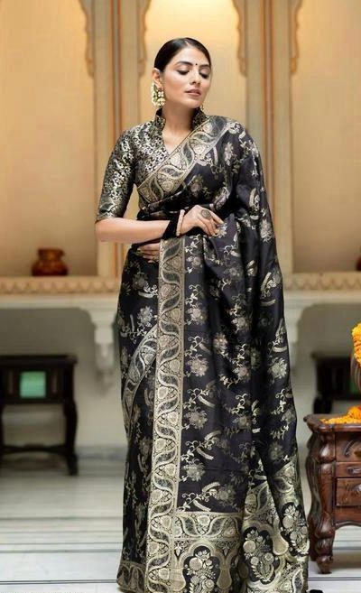 Splendorous Black Color Soft Lichi Silk Jacquard On All Over Saree