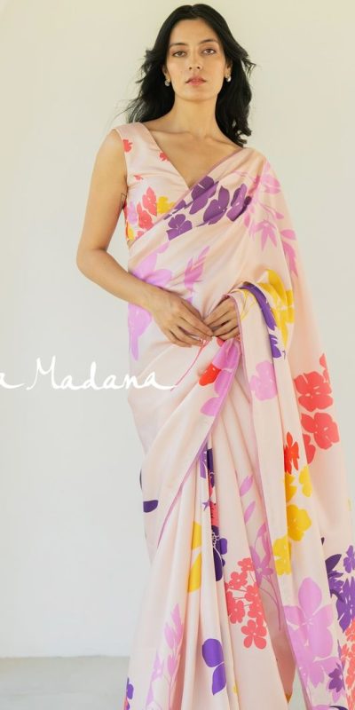 Splendorous Cream Pink Satin Silk Blouse Digital Print Saree