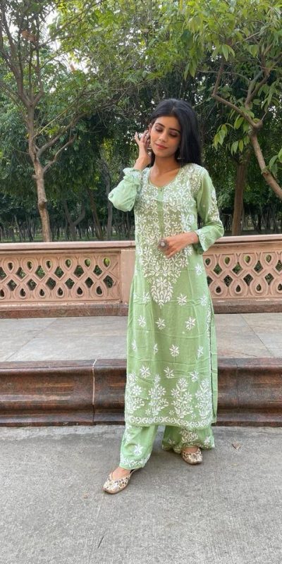 Splendorous Green Color Rayon Chine Stitched Work Salwar Suit