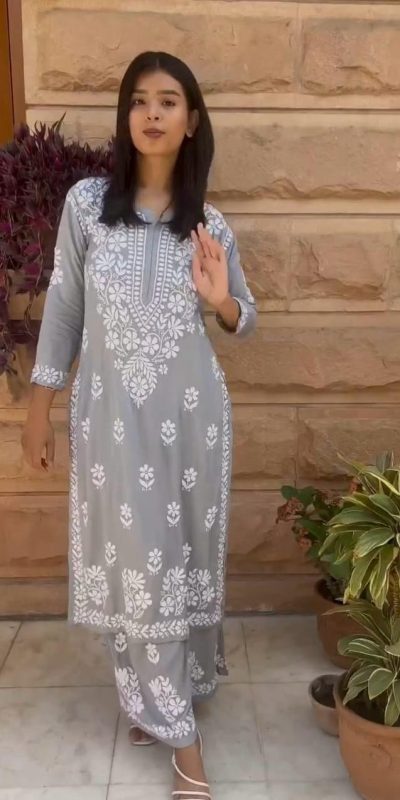 Splendorous Grey Color Rayon Chine Stitched Work Salwar Suit