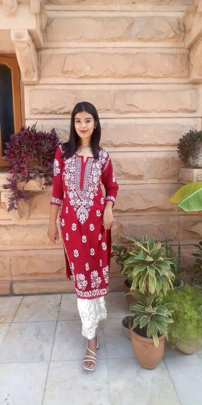 Splendorous Red Color Rayon Chine Stitched Work Salwar Suit