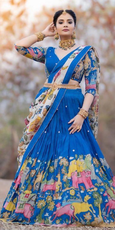 Sreemukhi Blue Color Chant Crepe Kalamkari Printed Lehenga Choli