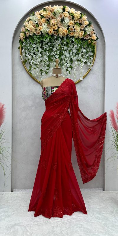 Stunning Red Color Faux Georgette Thread With Sequence Saree