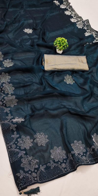 Stylish Blue Black Ket Embellished Swarovski Diamond Saree