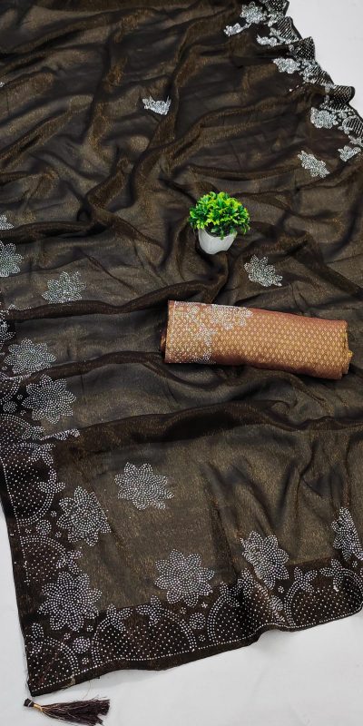 Stylish Coffee Black Ket Embellished Swarovski Diamond Saree