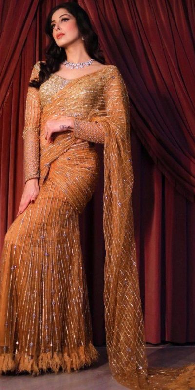 Stylish Golden Color Butter Fly Heavy Net Embroidered Saree