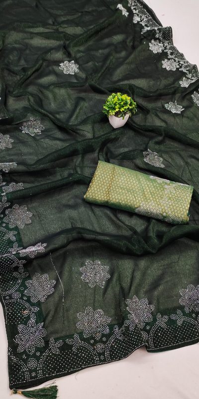 Stylish Green Black Ket Embellished Swarovski Diamond Saree