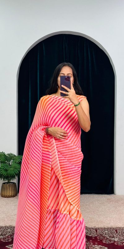 Stylish Pink Color Georgette Digital Printed Ruffle Work Saree