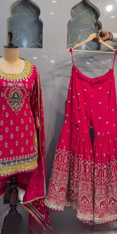 Stylish Pink Color Georgette Multi Needle Embroidery Salwar Suit